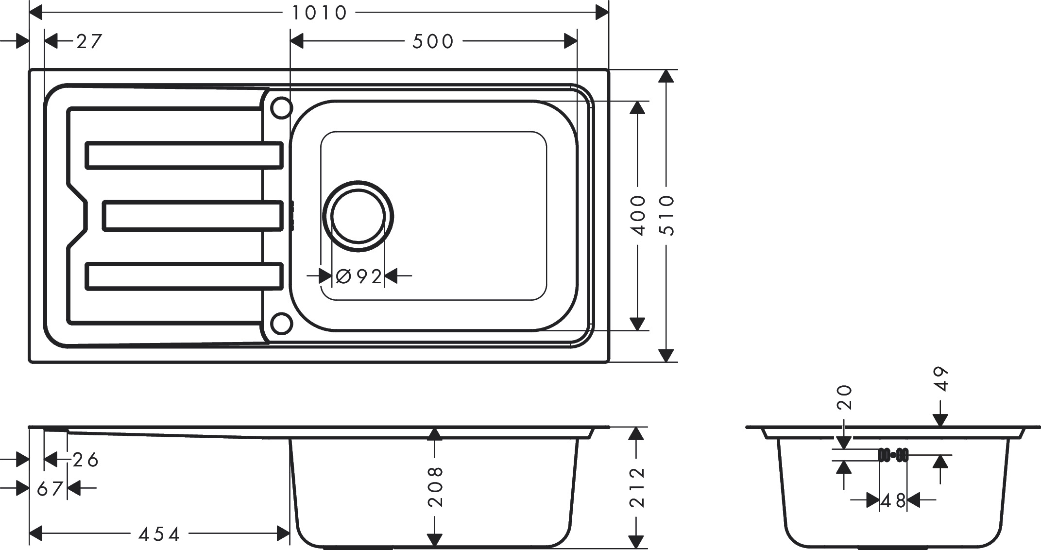 HG S440-F500 100 Spüle Abtropffl.ALG ST