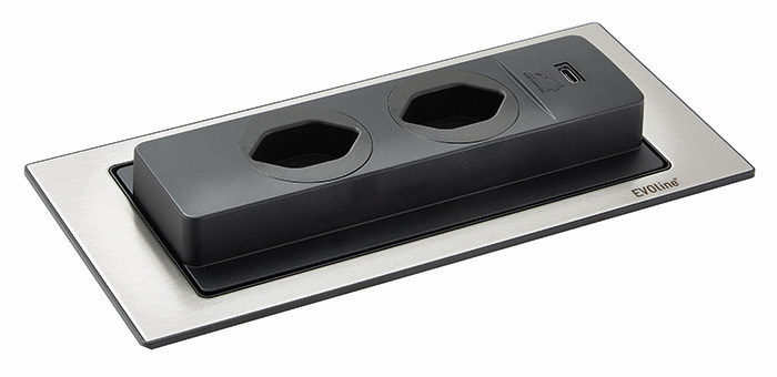 Naber Evoline® BackFlip USB C, Steckdosenelement, mit schweizer Steckdosen, flächenbündig H 2,6 mm, Edelstahl