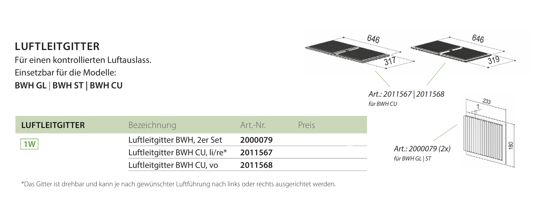 berbel Luftleitgitter LE BWH  646x317 mm links/rechts
