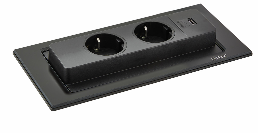 Naber Evoline® BackFlip USB C, Steckdosenelement, mit Schukosteckdosen, flächenbündig H 5 mm, Glas schwarz matt